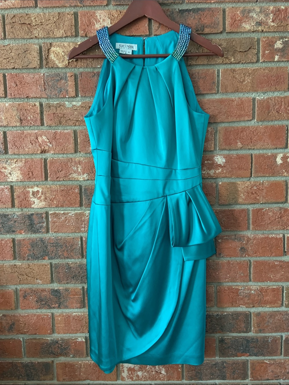 Kay Unger Teal Beaded Halter Satin Formal Dress